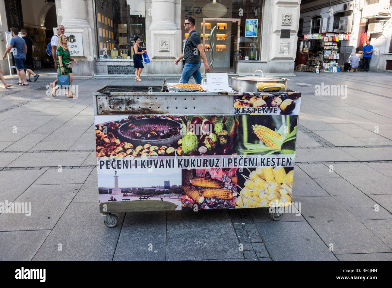 Grilled and boiled corn vendor on Knez Mihailova street in Belgrade, Serbia Stock Photo