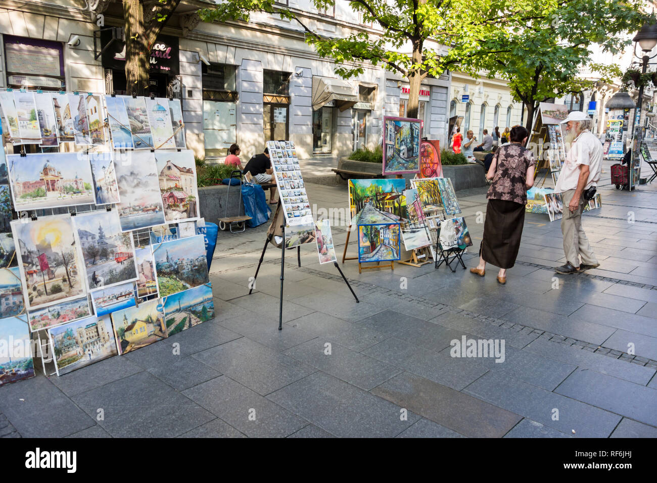 Street sellers, painters and tourists at Knez Mihajlova street in Belgrade, Serbia Stock Photo