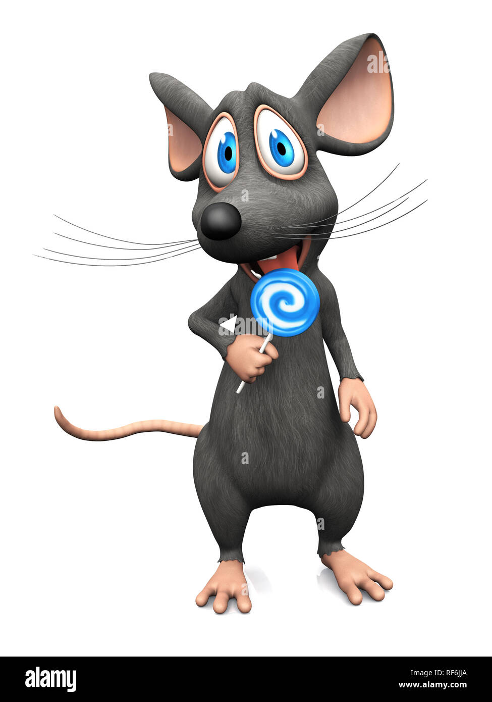 A cute smiling cartoon mouse licking a big blue lollipop. White background. Stock Photo