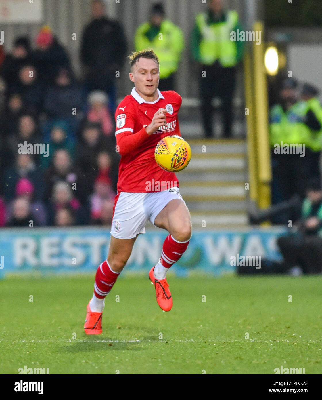 Cauley Woodrow of Barnsley during the League One match between  AFC Wimbledon and Barnsley at the Cherry Red Records Stadium . 19 January 2019 Editorial use only. No merchandising. For Football images FA and Premier League restrictions apply inc. no internet/mobile usage without FAPL license - for details contact Football Dataco Stock Photo