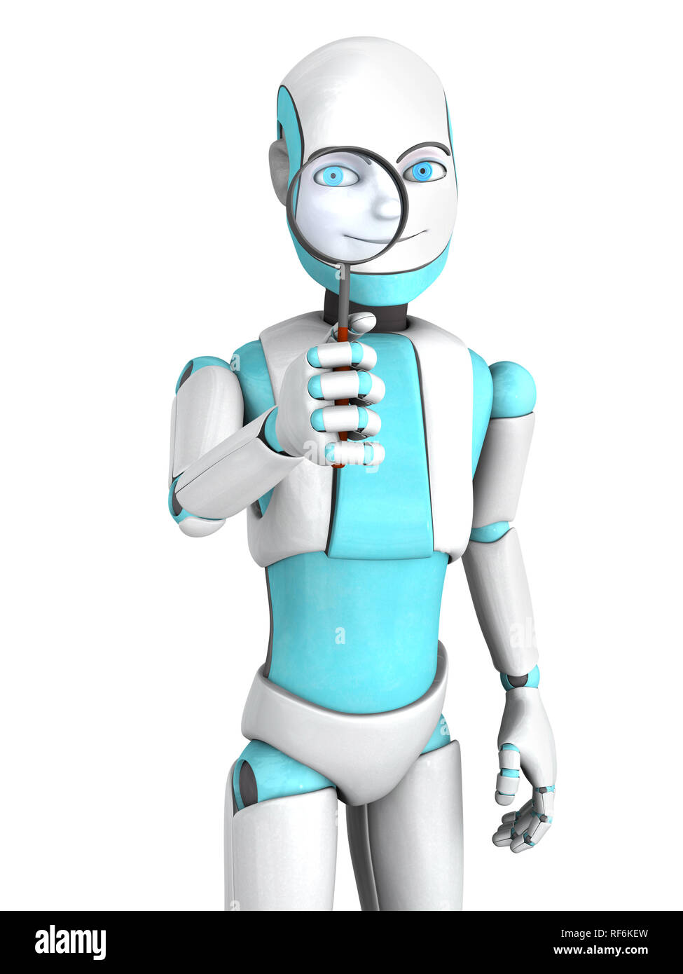 A cartoon robot boy smiling and looking through a magnifying glass he