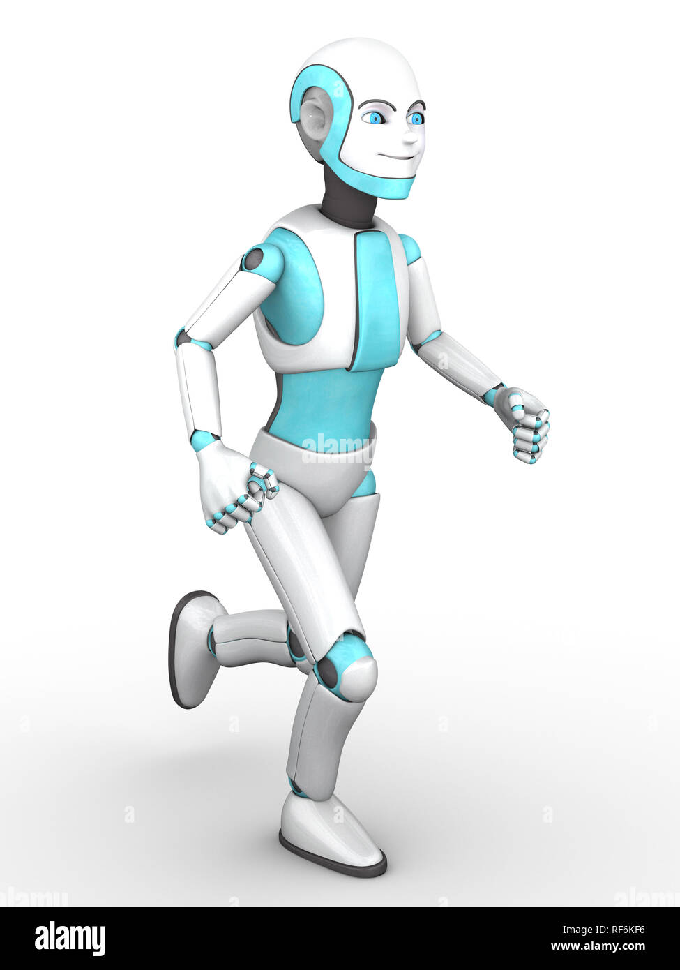 A smiling cartoon robot boy running. White background Stock Photo - Alamy