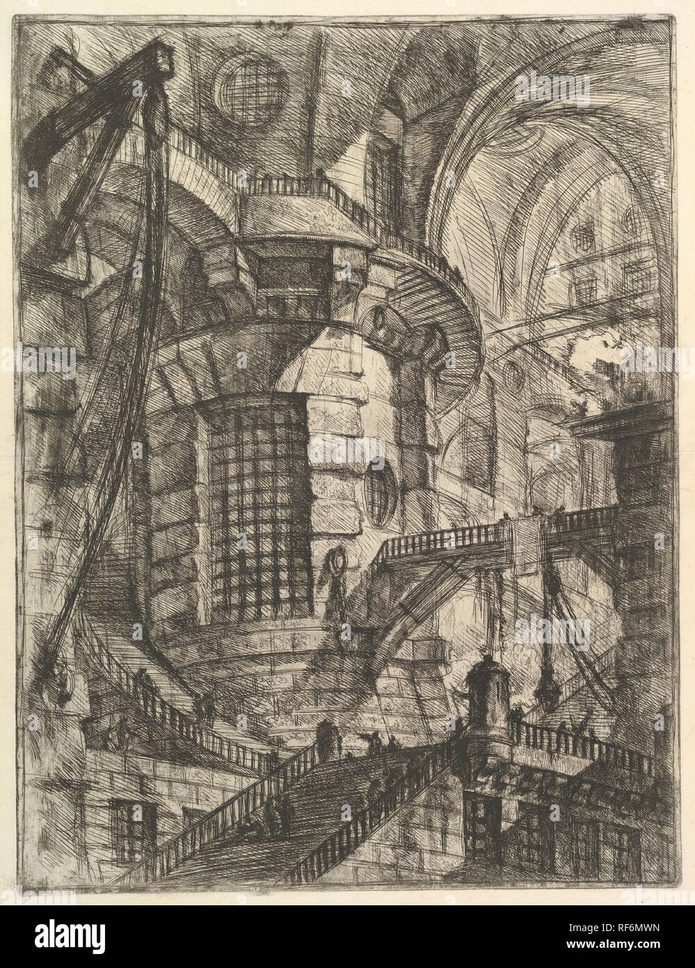 The Round Tower, from 'Carceri d'invenzione' (Imaginary Prisons). Artist: Giovanni Battista Piranesi (Italian, Mogliano Veneto 1720-1778 Rome). Dimensions: Sheet: 24 13/16 x 19 1/2 in. (63 x 49.5 cm)  Plate: 21 7/16 x 16 5/16 in. (54.5 x 41.5 cm). Publisher: Giovanni Bouchard (French, ca. 1716-1795). Date: ca. 1749-50.  A native of Venice, Piranesi went to Rome at age twenty and where he remained for the remainder of his life. Rome was the inspiration for and subject of most of his etchings that number over a thousand. Piranesi studied architecture, engineering and stage design, and his first  Stock Photo