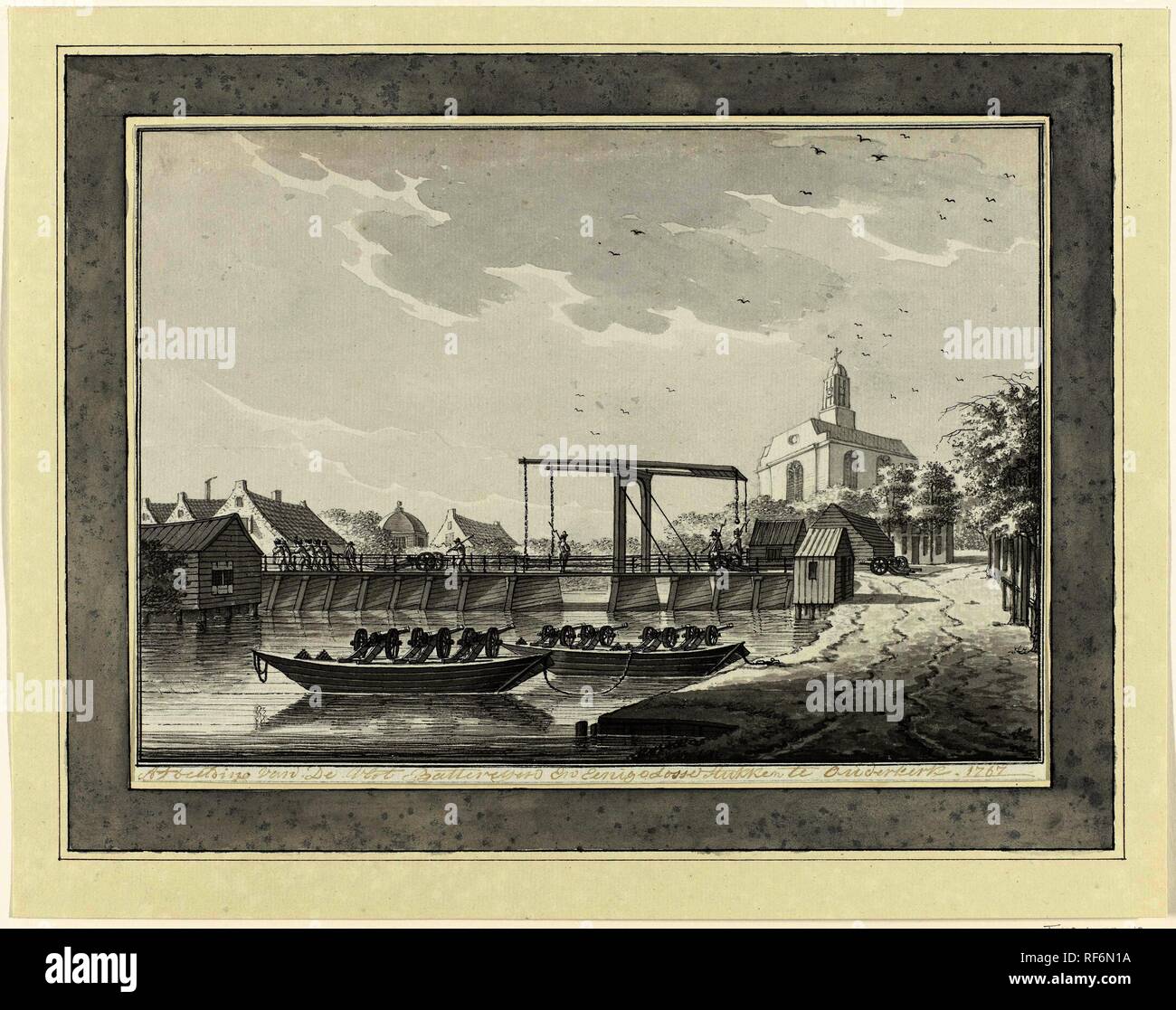 Batterij te Ouderkerk, 1787. Afbeelding van de Vlot Batteryen en eenige losse stukken te Ouderkerk 1787 (title on object). Tekeningen van de batterijen rondom Amsterdam in 1787 (series title). Draughtsman: anonymous. Dating: 1787. Place: Northern Netherlands. Measurements: h 220 mm × w 303 mm. Museum: Rijksmuseum, Amsterdam. Stock Photo