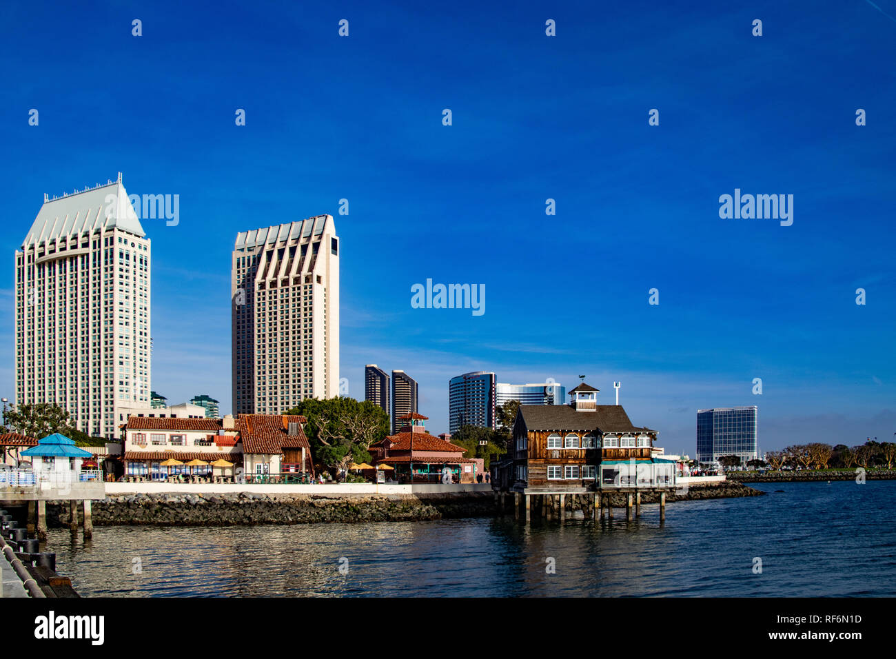 Seaport Village lies along the San Diego waterfront at the San Diego Bay Stock Photo