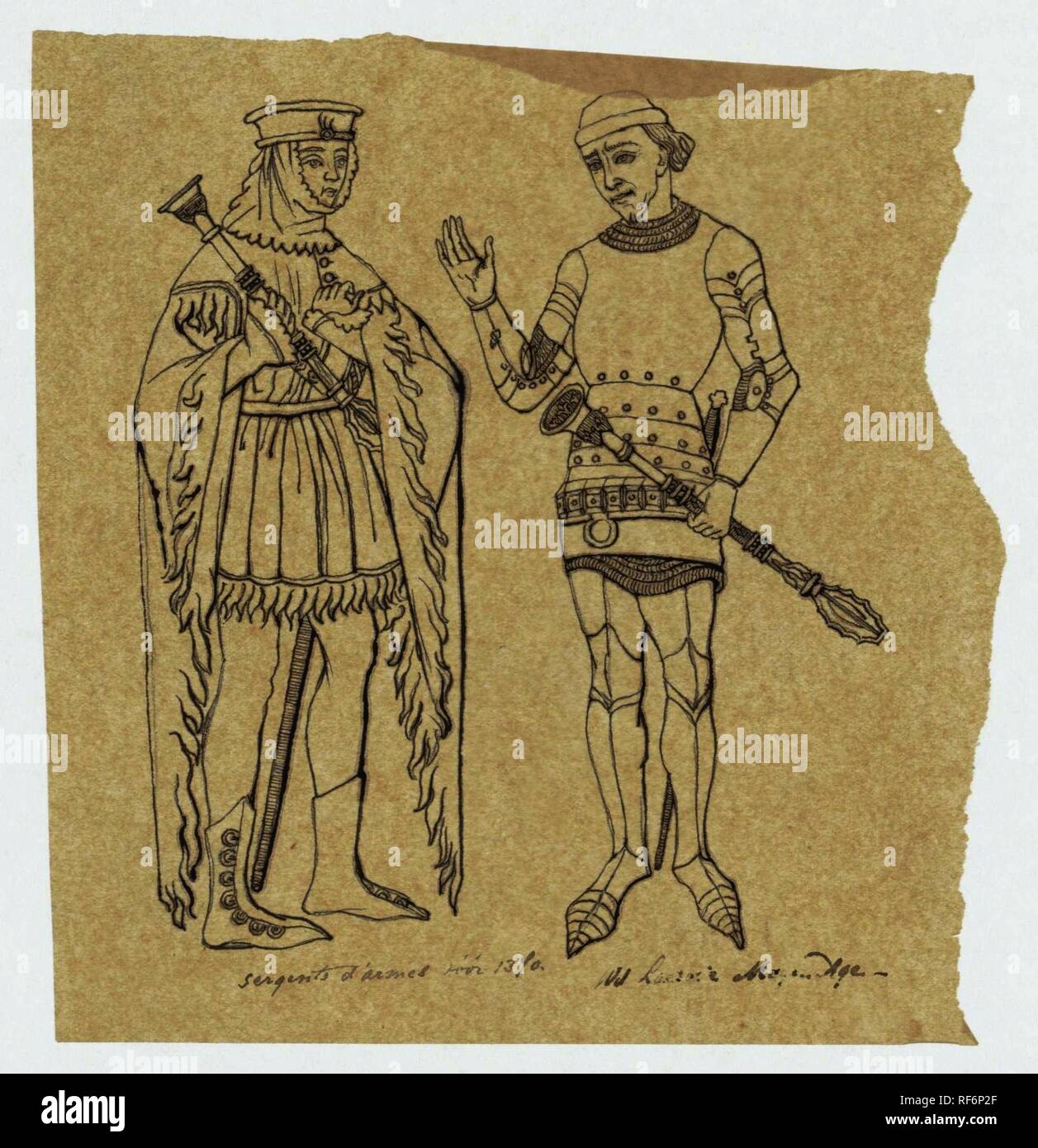 Two medieval soldiers before 1370. Draughtsman: Jan Veth. Dating: 1874 - 1925. Measurements: h 162 mm × w 154 mm. Museum: Rijksmuseum, Amsterdam. Stock Photo
