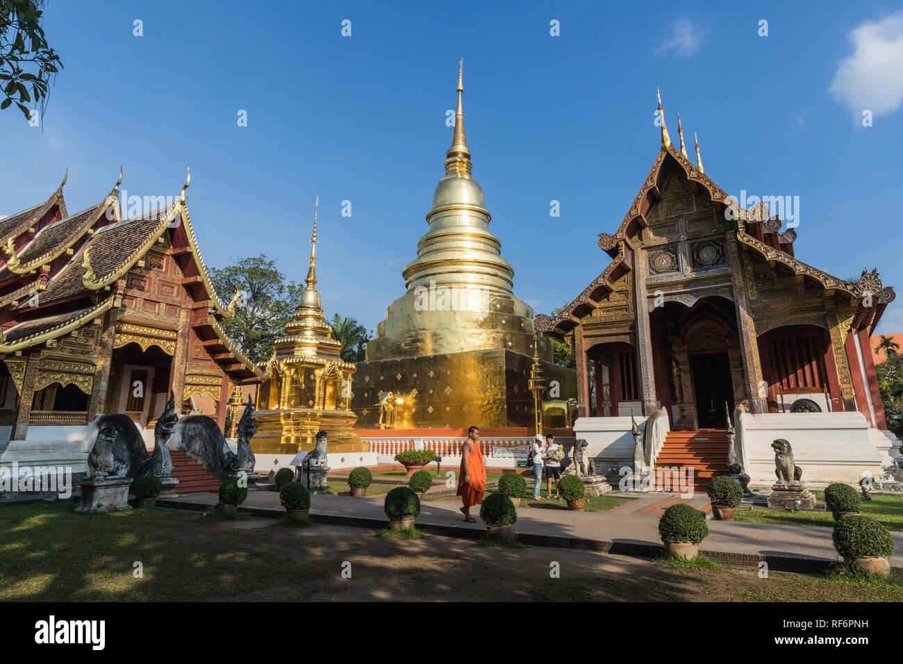 Wat Phra Singh or Wat Phra Singh Woramahaviharn:  Viharn Lai Kham, Bot, Chedi and Vihard Luang -  Wihan Luang - the original wihan was replaced by the Stock Photo