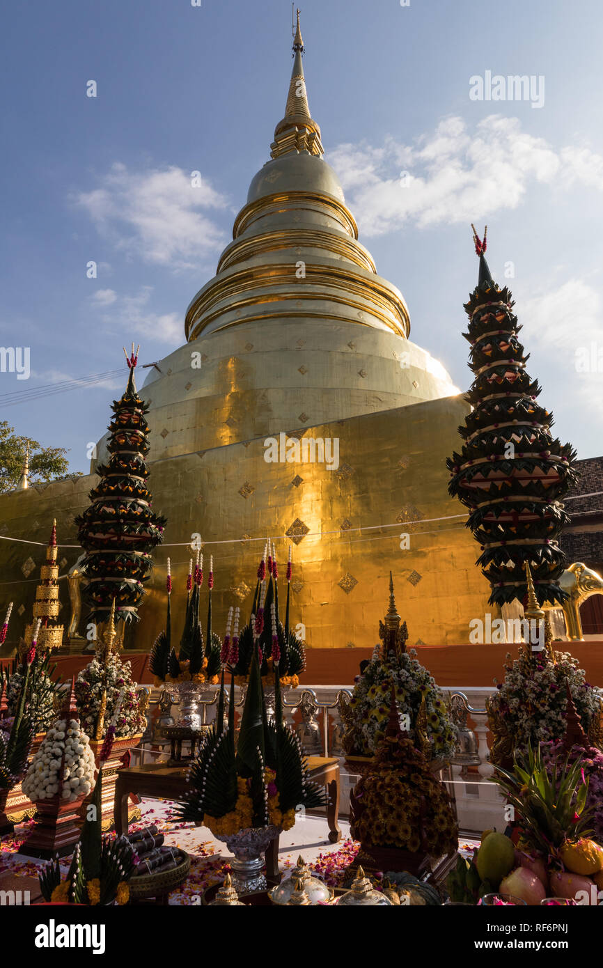 Wat Phra Singh or Wat Phra Singh Woramahaviharn:  Viharn Lai Kham, Bot, Chedi and Vihard Luang -  Wihan Luang - the original wihan was replaced by the Stock Photo