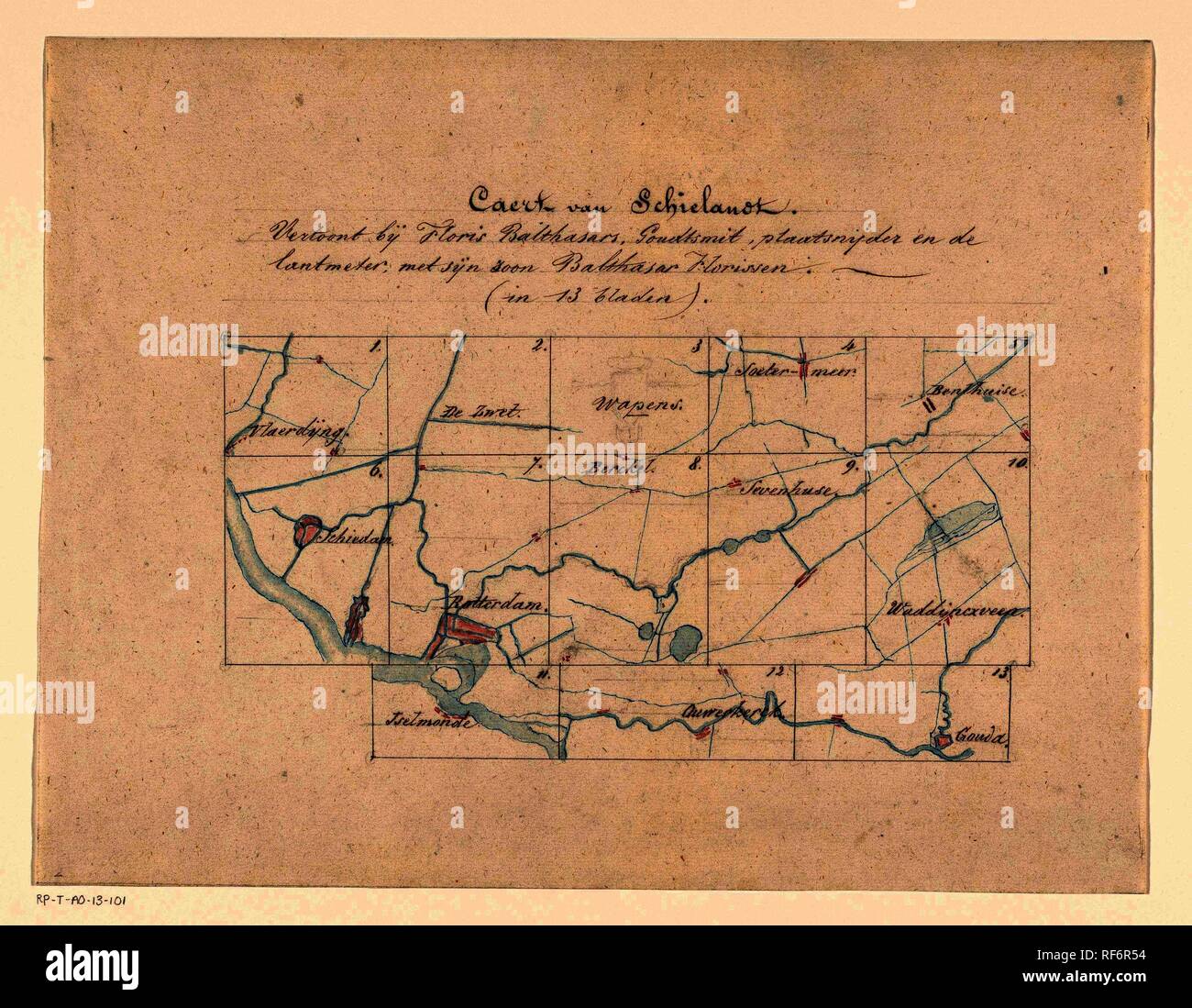 kandidaat Vertrek naar trolleybus Kaart van Schieland. Caert van Schielandt. Vertoont bij Floris Balthasars,  goudsmit, plaatsnijder en de lanmeter, met sijn zoon Balthasar Florissen.  (in 13 blaaden). (title on object). Artist: Floris Balthasarsz. van  Berckenrode. Artist: