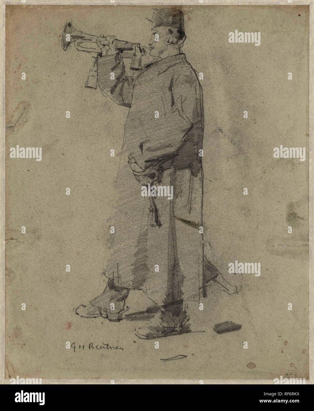 Standing trumpet player. Draughtsman: George Hendrik Breitner. Dating: 1867 - 1923. Measurements: h 333 mm × w 273 mm. Museum: Rijksmuseum, Amsterdam. Stock Photo