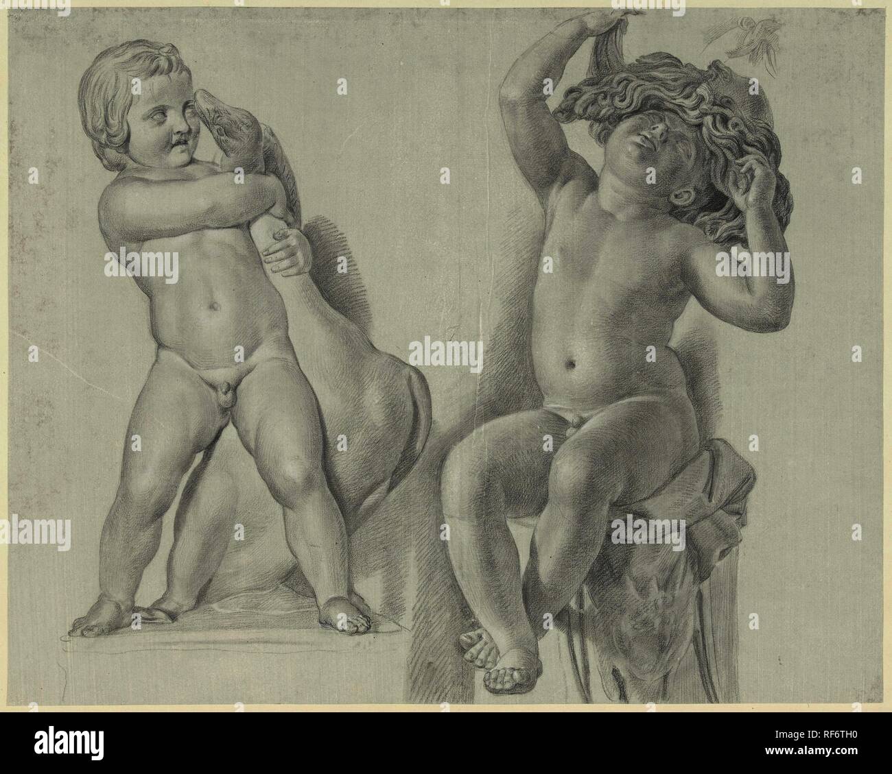 Two studies on sculptures of children. Artist: anonymous. Draughtsman: Jean Grandjean. Dating: 1765 - 1781. Measurements: h 378 mm × w 472 mm. Museum: Rijksmuseum, Amsterdam. Stock Photo