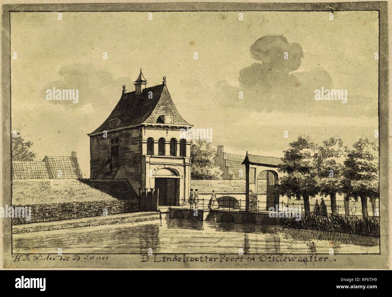 De Linschoterpoort te Oudewater. D' Linschootter Poort tot Oudewaatter  (title on object). Draughtsman: Hendrik de Winter (mentioned on object).  Dating: 1745. Measurements: h 151 mm × w 218 mm. Museum: Rijksmuseum,  Amsterdam Stock Photo - Alamy