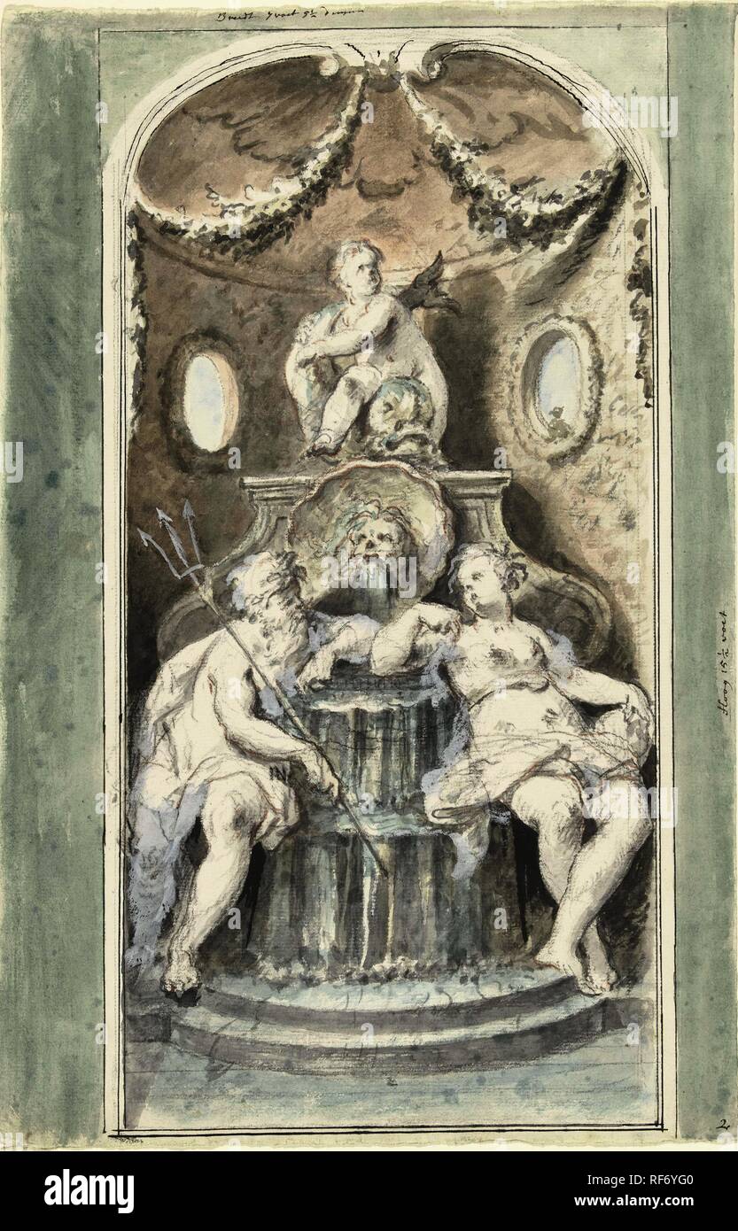 Design for a decorative painting with a fountain. Draughtsman: Dionys van Nijmegen. Dating: 1715 - 1798. Measurements: h 385 mm × w 252 mm. Museum: Rijksmuseum, Amsterdam. Stock Photo