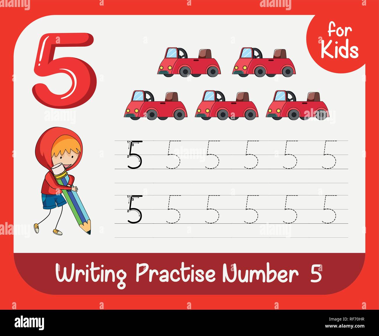 Number five tracing worksheets illustration Stock Vector