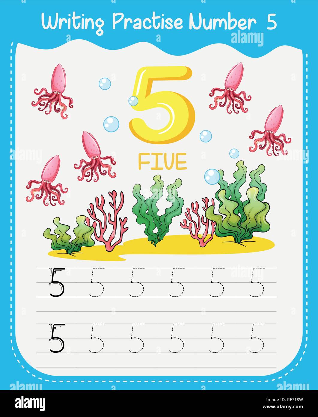 Number five tracing alphabet worksheets illustration Stock Vector