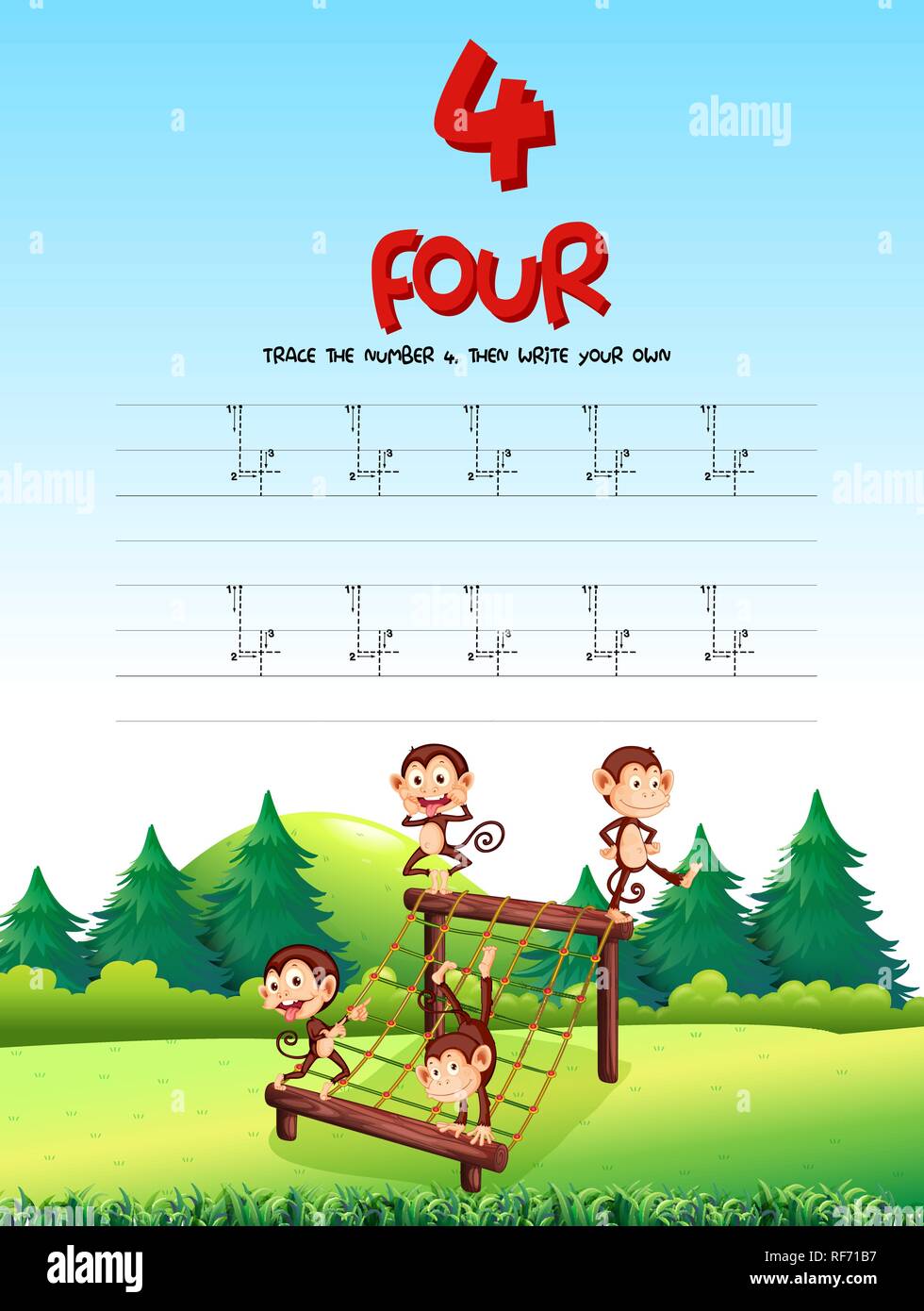 Number four tracing alphabet worksheets illustration Stock Vector Image