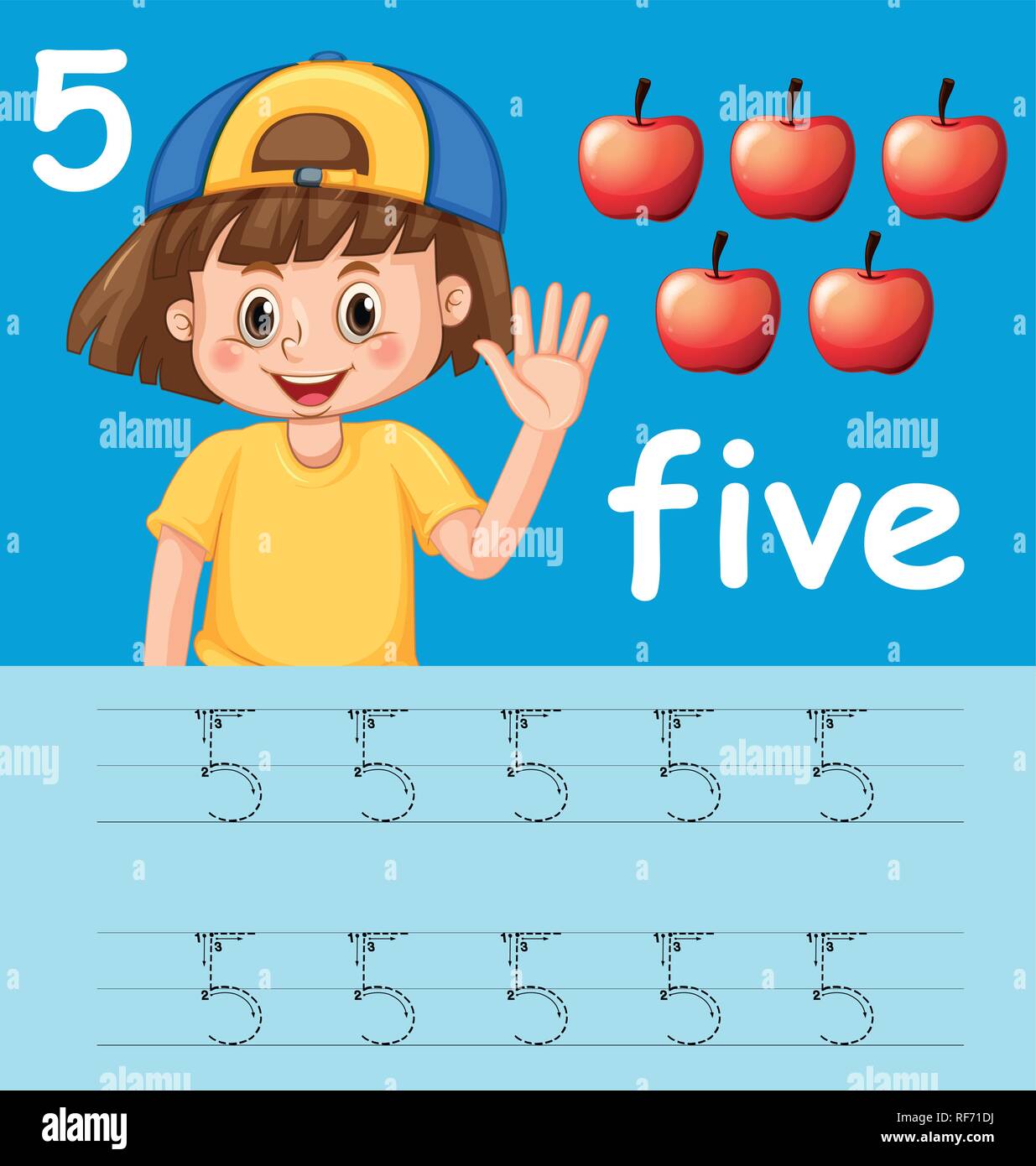 Number five tracing alphabet worksheets illustration Stock Vector
