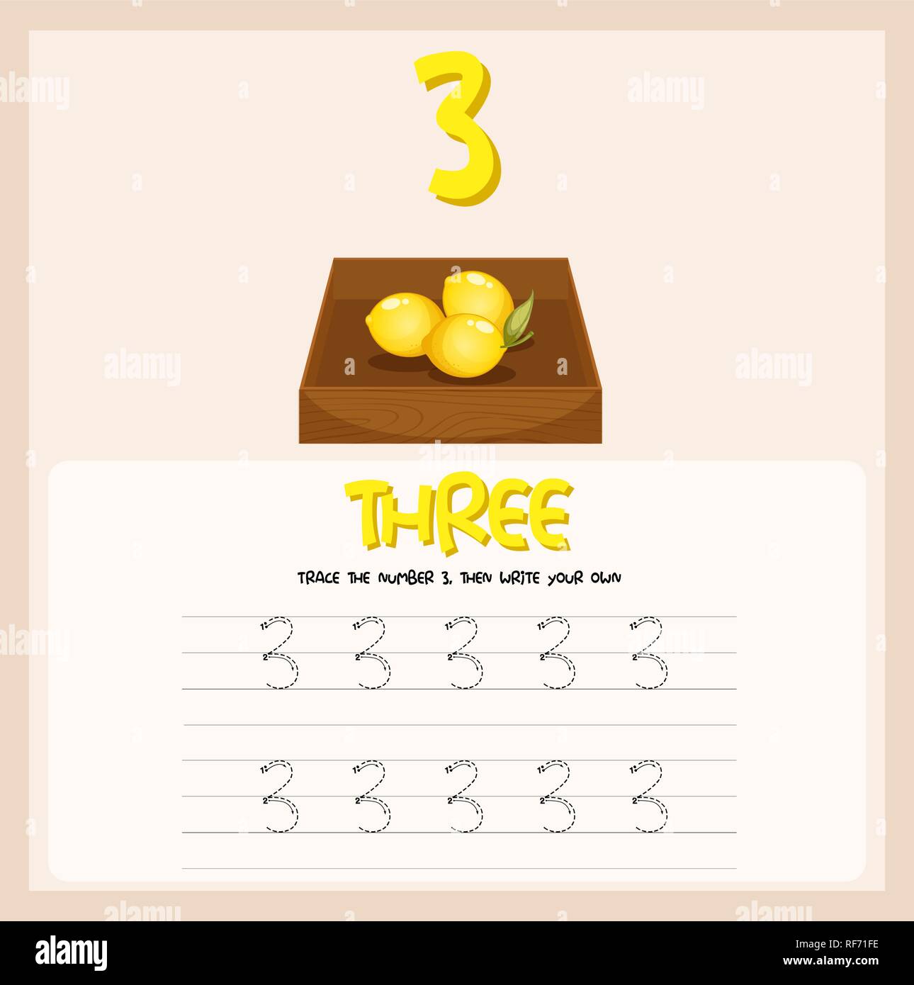 Number three tracing worksheets illustration Stock Vector
