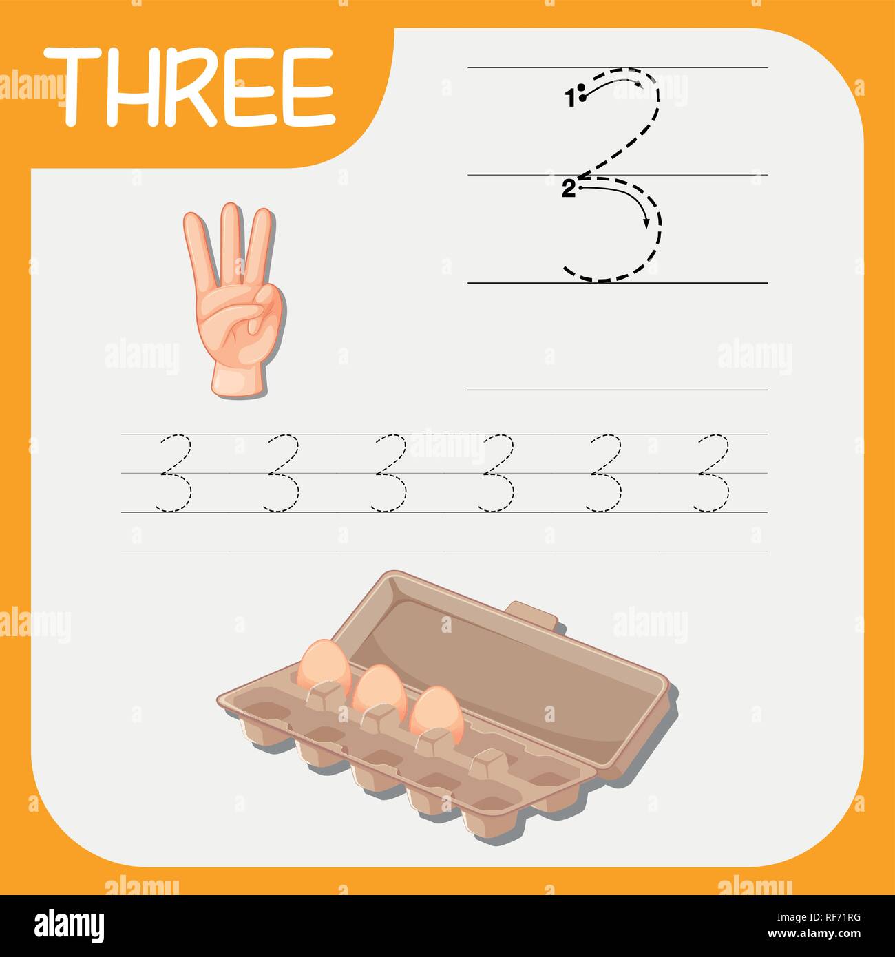 Number three tracing alphabet worksheets illustration Stock Vector