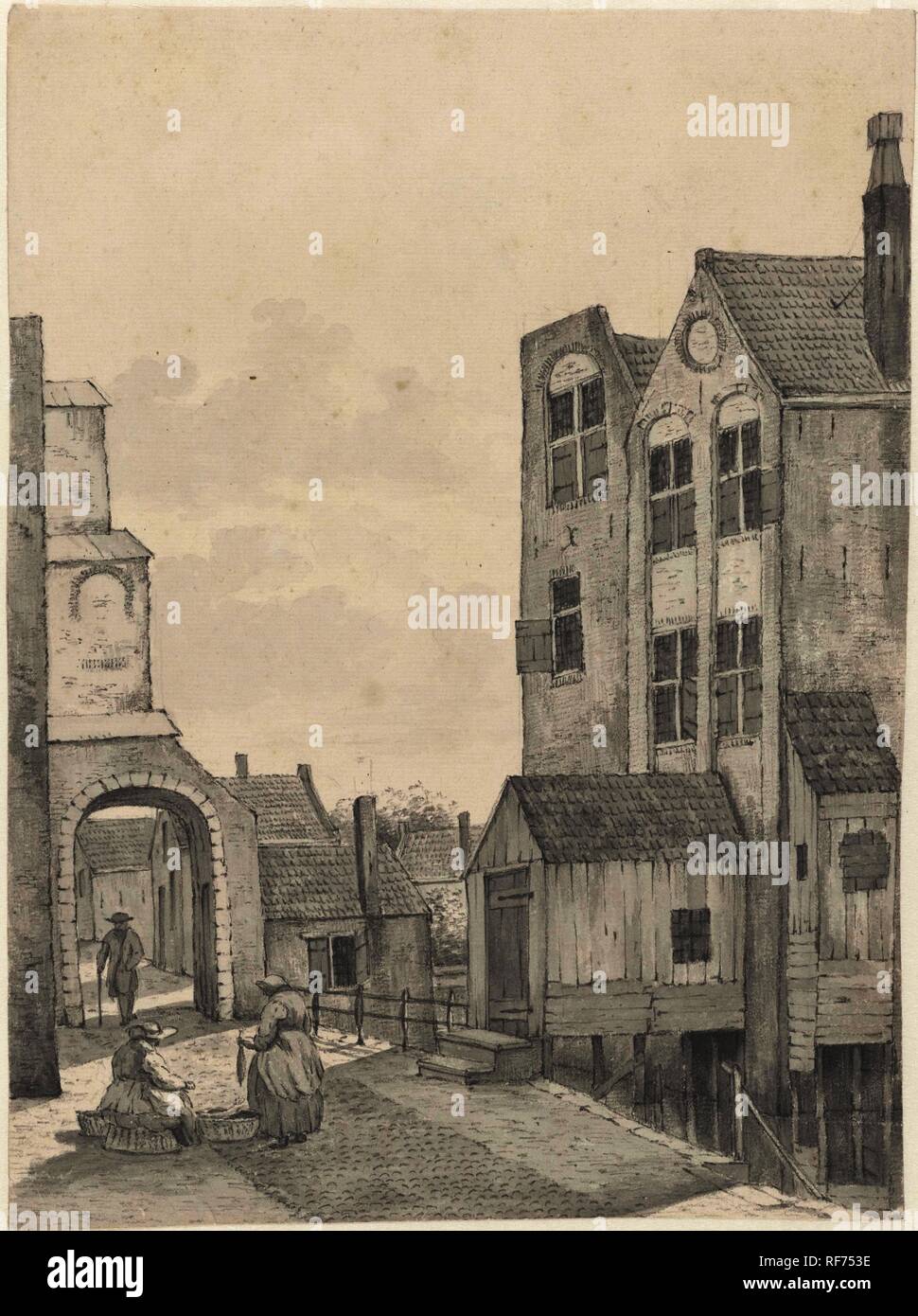 Cityscape with a fish seller. Draughtsman: J. Scheltema Jansz. Dating: Sep-1815. Measurements: h 266 mm × w 195 mm. Museum: Rijksmuseum, Amsterdam. Stock Photo