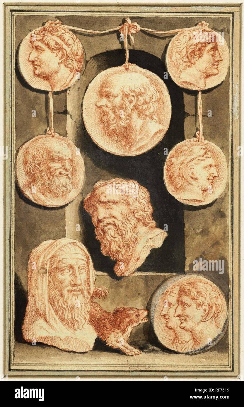 Composition of portrait medallions. Draughtsman: Jacob Houbraken. Dating: 1708 - 1780. Measurements: h 153 mm × w 95 mm. Museum: Rijksmuseum, Amsterdam. Stock Photo