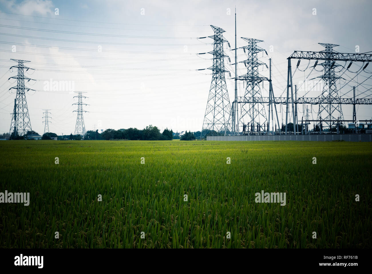 High voltage towers with sky background Stock Photo - Alamy
