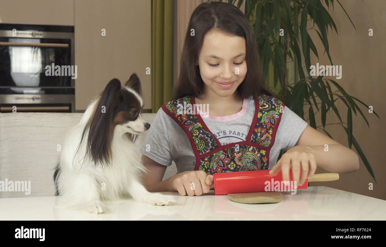 Teen girl and dog Papillon prepare cookies, rolling dough with rolling pin Stock Photo