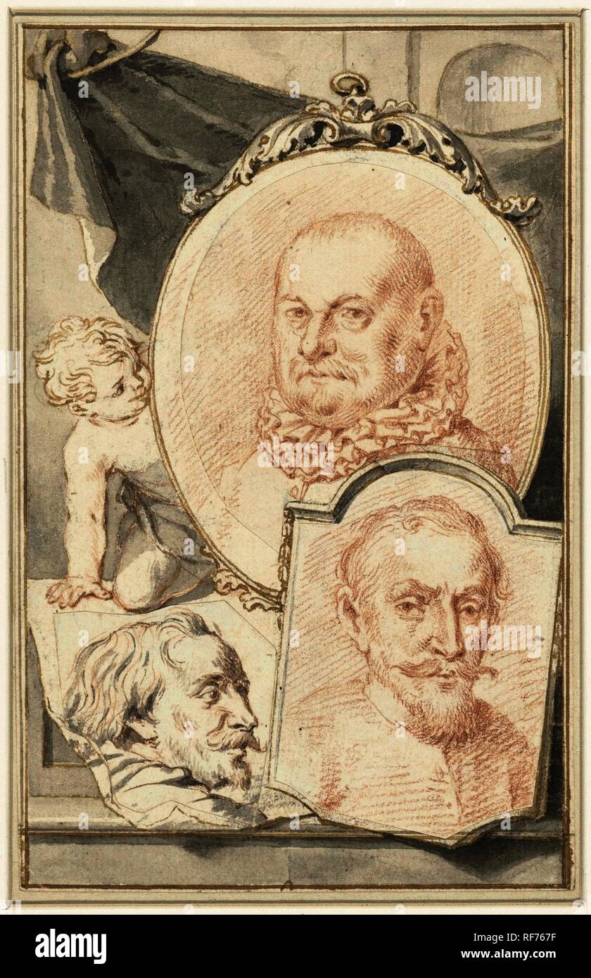 Portraits of Roelant Savery, Frans Snijders and Theodoor Rombouts. Draughtsman: Jacob Houbraken. Dating: 1708 - 1780. Measurements: h 150 mm × w 96 mm. Museum: Rijksmuseum, Amsterdam. Stock Photo