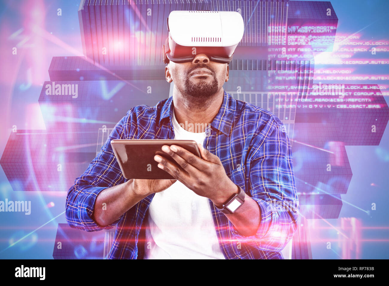 Composite image of man using virtual reality headset and digital tablet Stock Photo