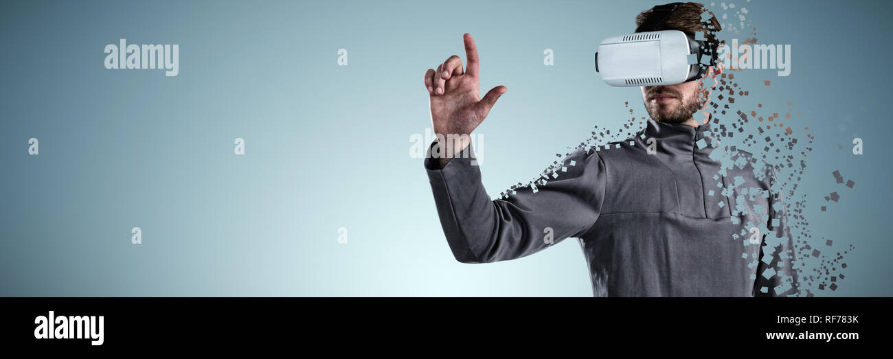 Composite image of man gesturing while using virtual reality headset Stock Photo