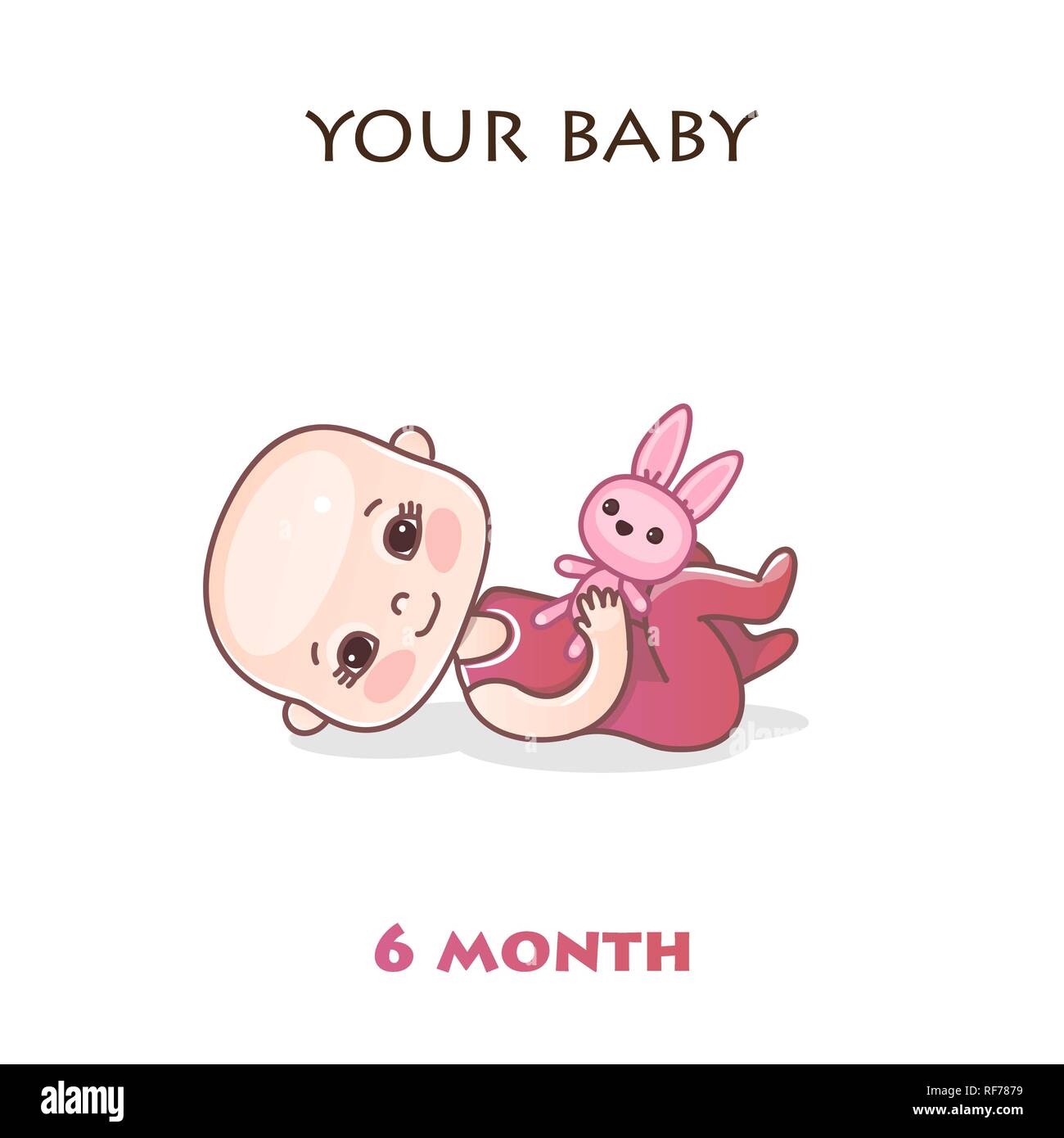 Monthly infant development. Stages of child development in the first year of life. Six months baby. Colorful vector Illustration isolated on white background Stock Vector