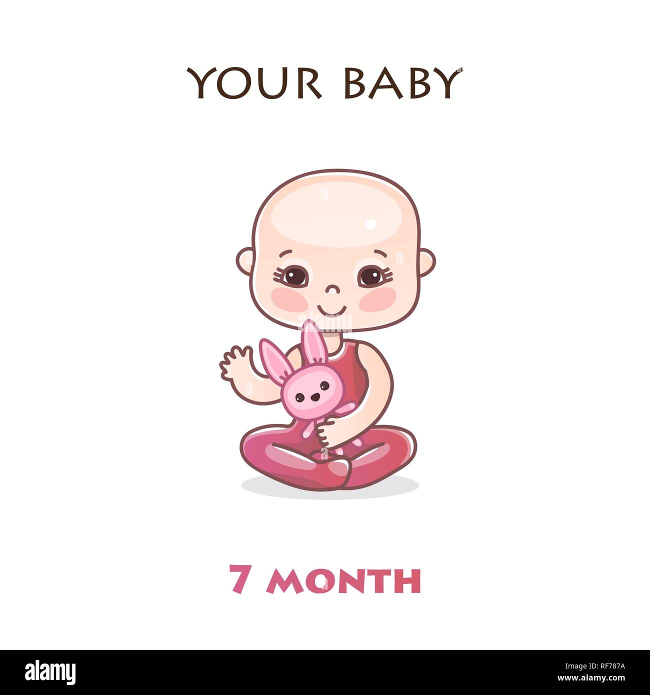 Monthly infant development. Stages of child development in the first year of life. Seven months baby. Colorful vector Illustration isolated on white background Stock Vector
