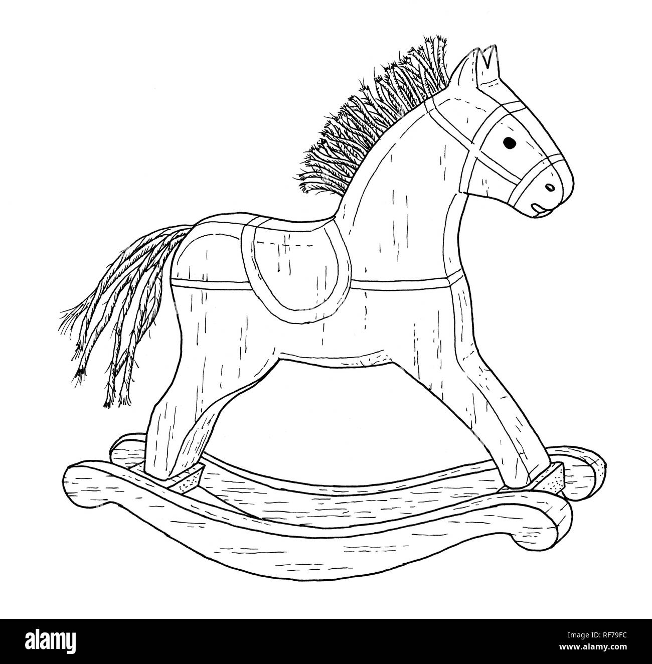 Old style rocking horse drawing - vintage like illustration of children toy on white background. Stock Photo