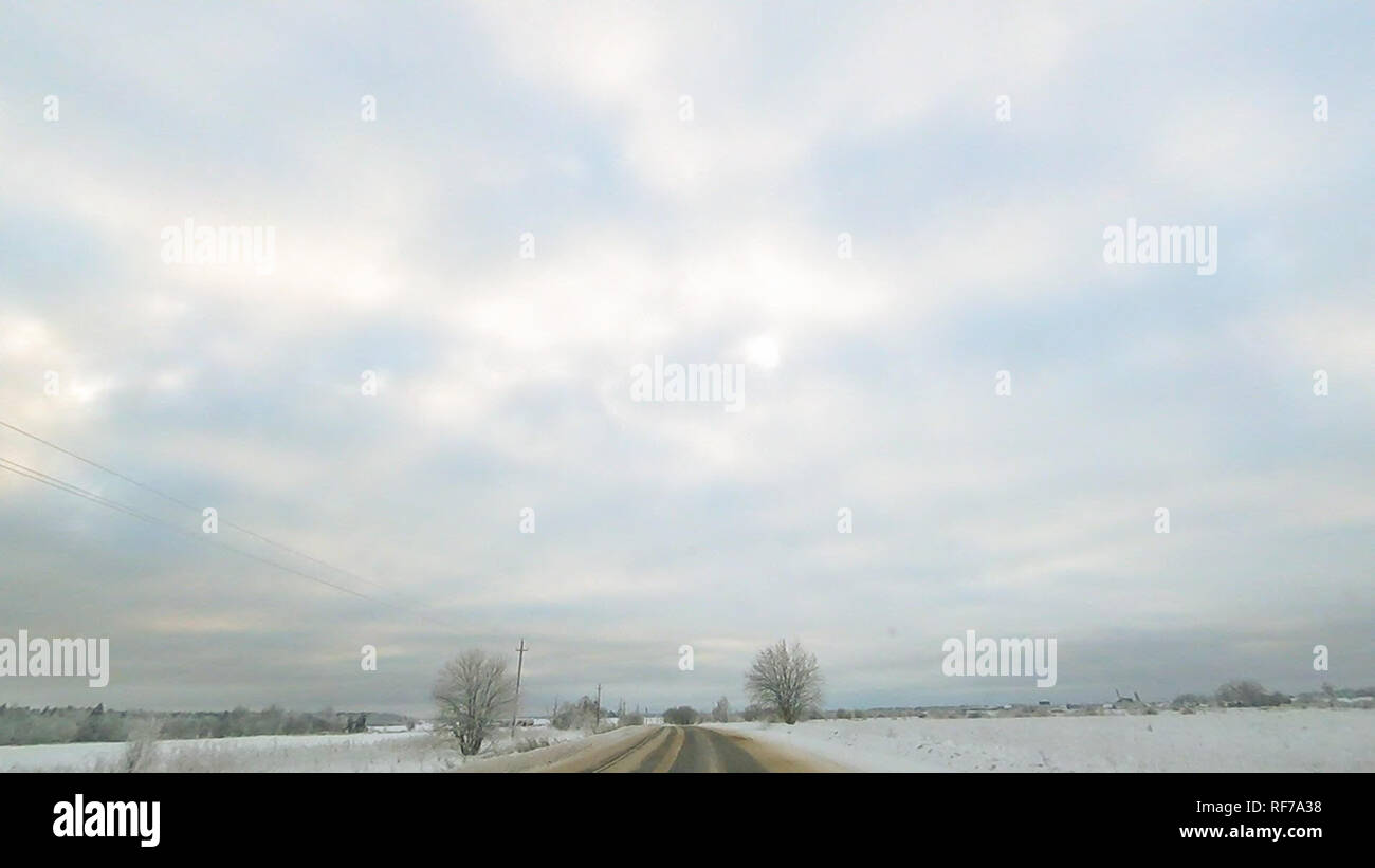 Country road in winter along the forest with white snow trees Stock ...