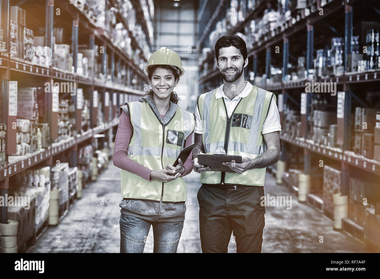 Workers are posing and smiling to the camera Stock Photo