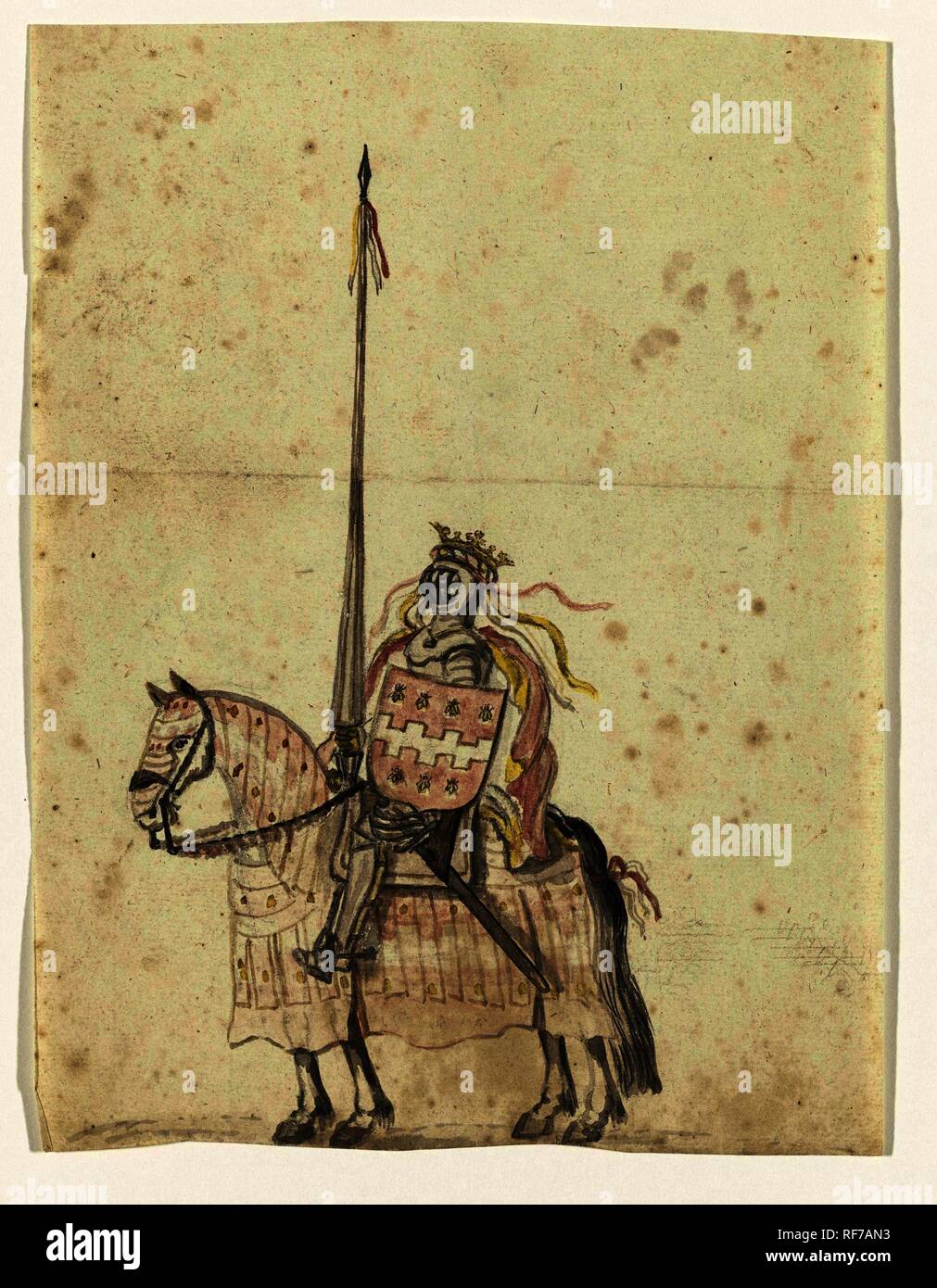 Sketch of a knight on horseback. Draughtsman: Jan Brandes. Dating: c. 1755 - c. 1760. Measurements: h 245 mm × w 185 mm. Museum: Rijksmuseum, Amsterdam. Stock Photo