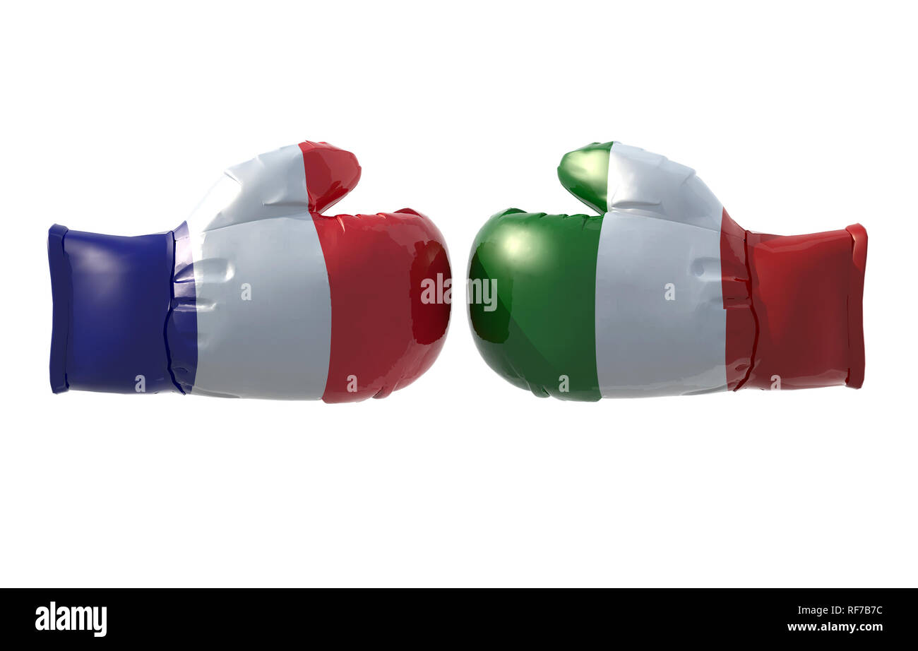 Boxing gloves with French and Italian flag, isolated 3d illustration Stock Photo