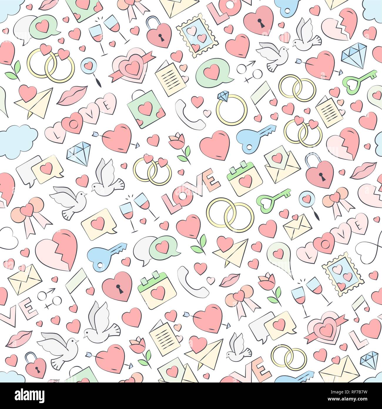 Hand drawn seamless love pattern vector illustration. Vector repeating texture for Valentine's Day - love symbols collection background Stock Vector