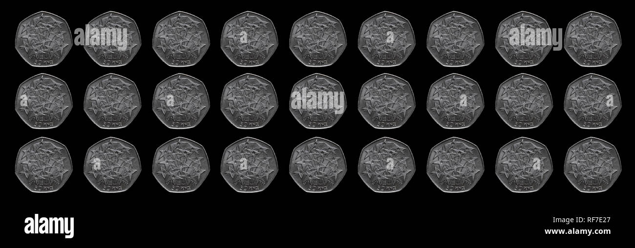 Grid of 27 50 pence coins celebrating the European Union Elections. Stock Photo