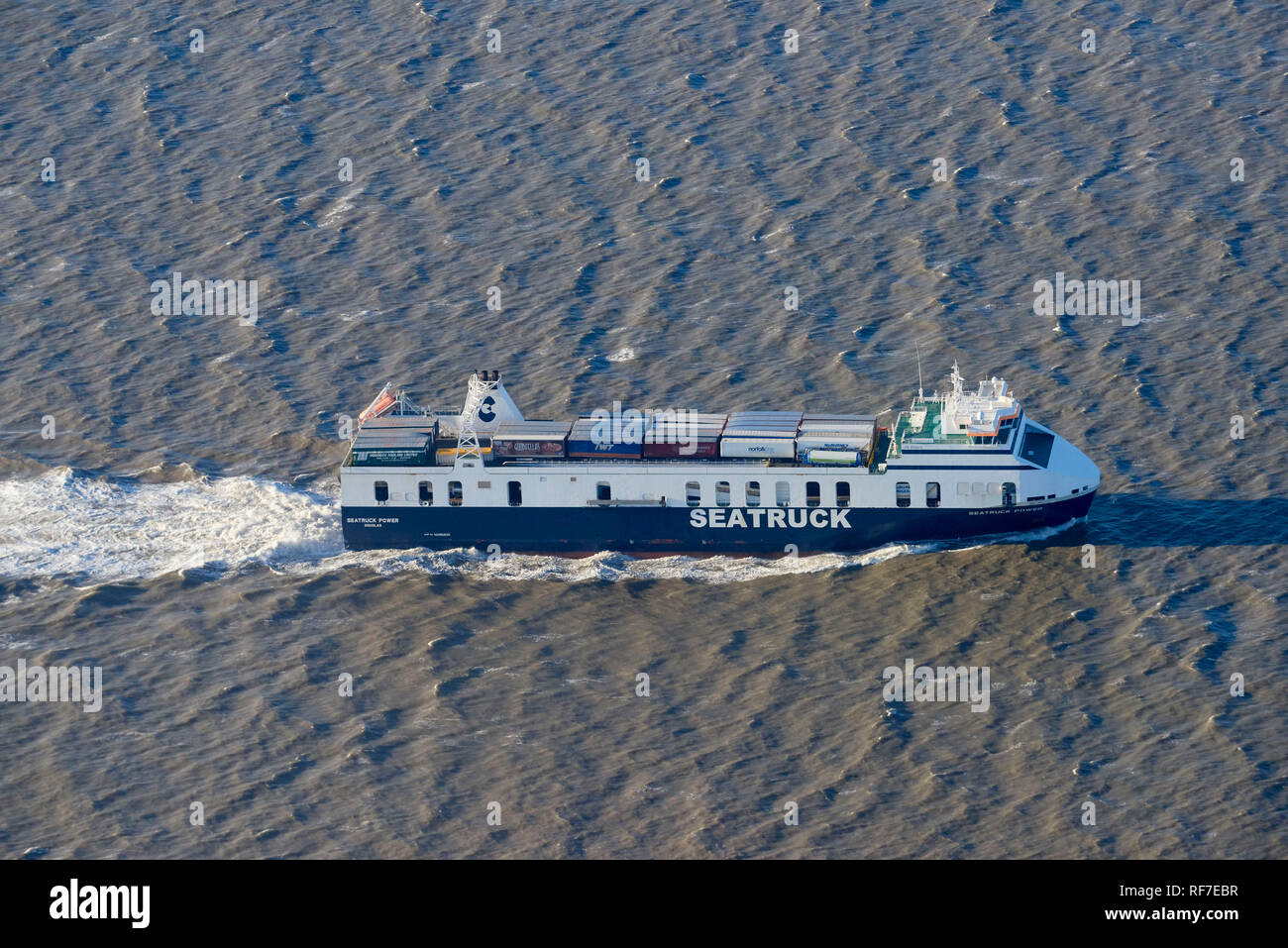 P & O Isle of Man Ferry, Seatruck Power, leaving Liverpool on the river Mersey, North West England, UK Stock Photo
