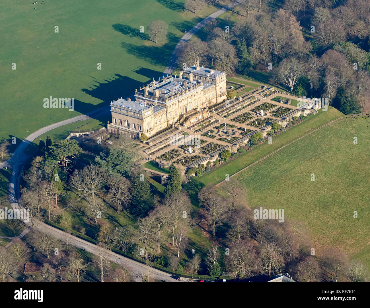 An aerial view of Harewood House, Between Harrogate and Leeds, West Yorkshire, Northern England, UK Stock Photo