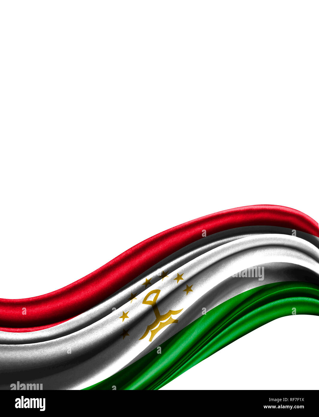 Tajikistan flag on cloth isolated on white background. Stock Photo