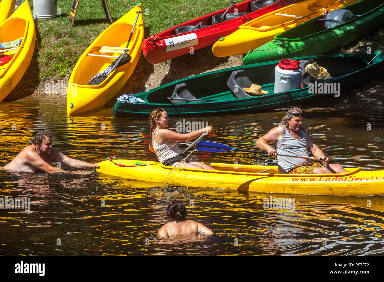 South Bohemia Czech Republic People life, Summer vacation on river, people canoeing river Otava Summery day Stock Photo