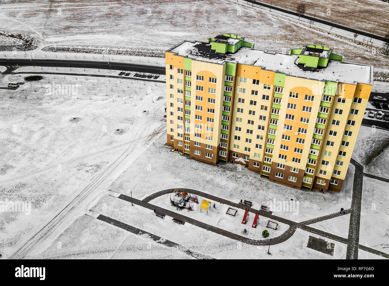 Residential multi-colored houses high-rise buildings. Aerial photography with quadcopter Stock Photo