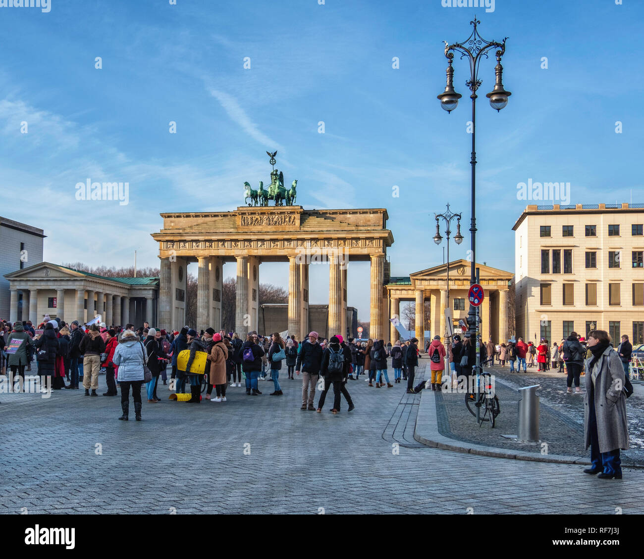 Berlin, Germany, Women's March Berlin 2019. Protesters collect at Brandenburg Gate Stock Photo