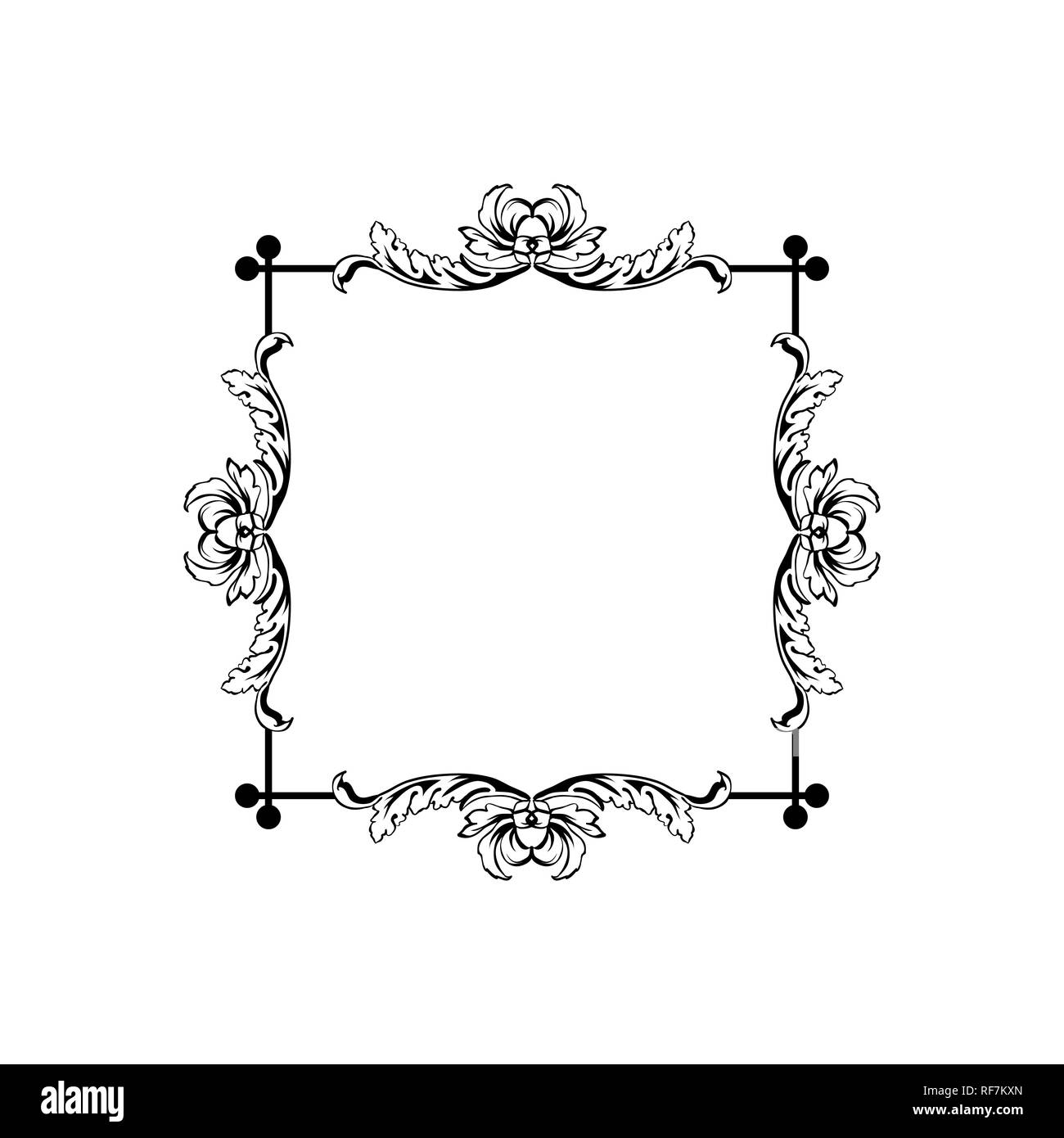 Floral vintage decorative vector frame. Flower black ink Square