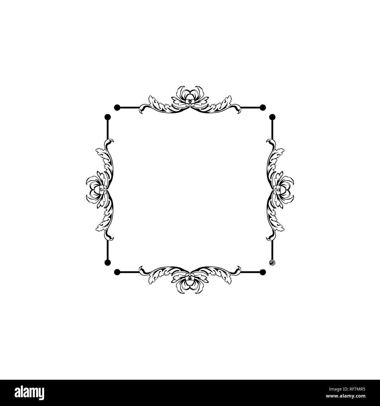 Floral vintage decorative vector frame. Flower black ink Square filigree border with text space. Isolated calligraphic frame with copyspace. Invitation, greeting card, poster flourish design element Stock Vector