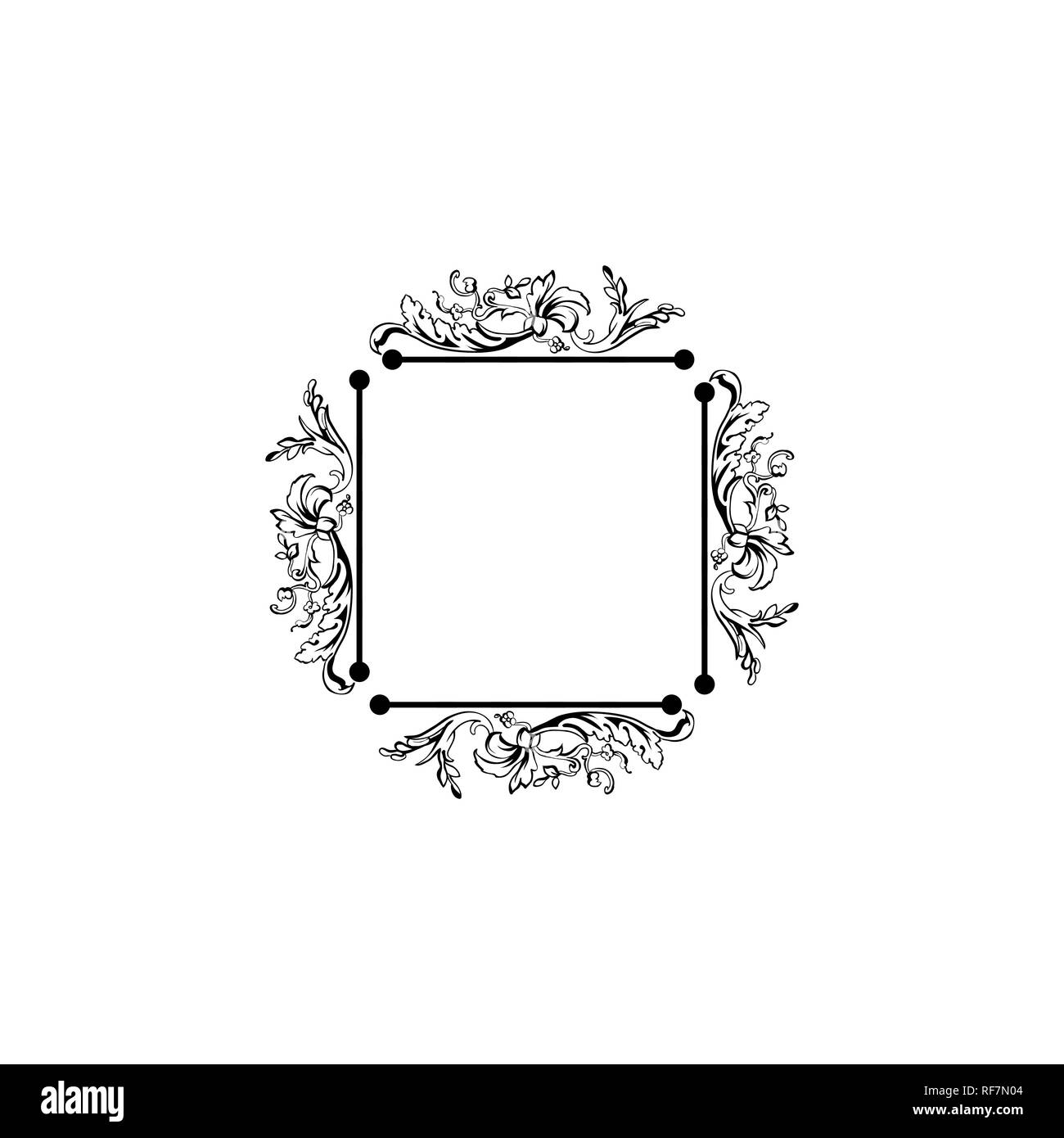 Floral vintage decorative vector frame. Flower black ink Square filigree border with text space. Isolated calligraphic frame with copyspace. Invitation, greeting card, poster flourish design element Stock Vector