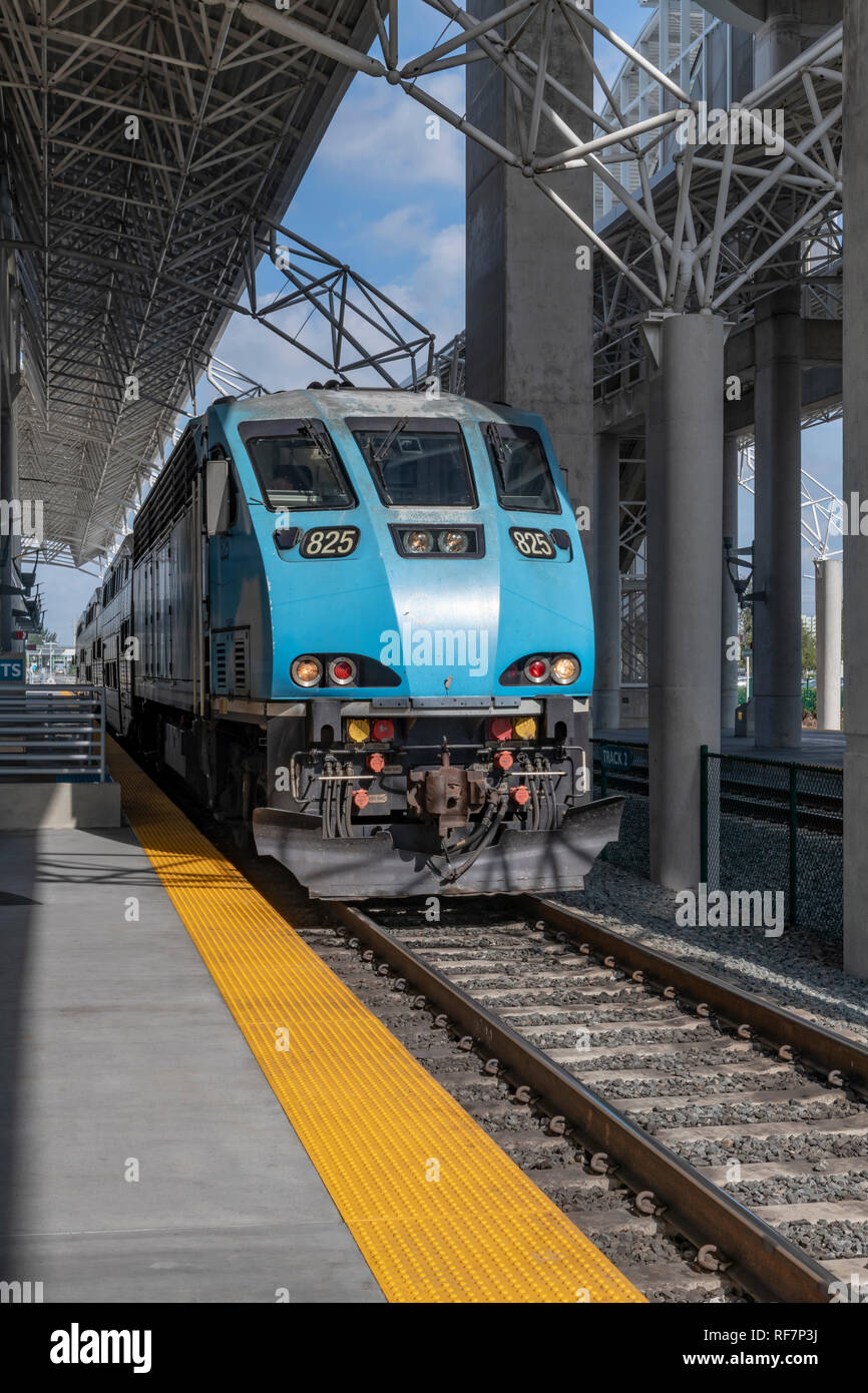The new TriRail station and trains at Miami Airport. The railway route