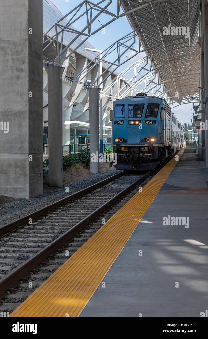 The new TriRail station and trains at Miami Airport. The railway route